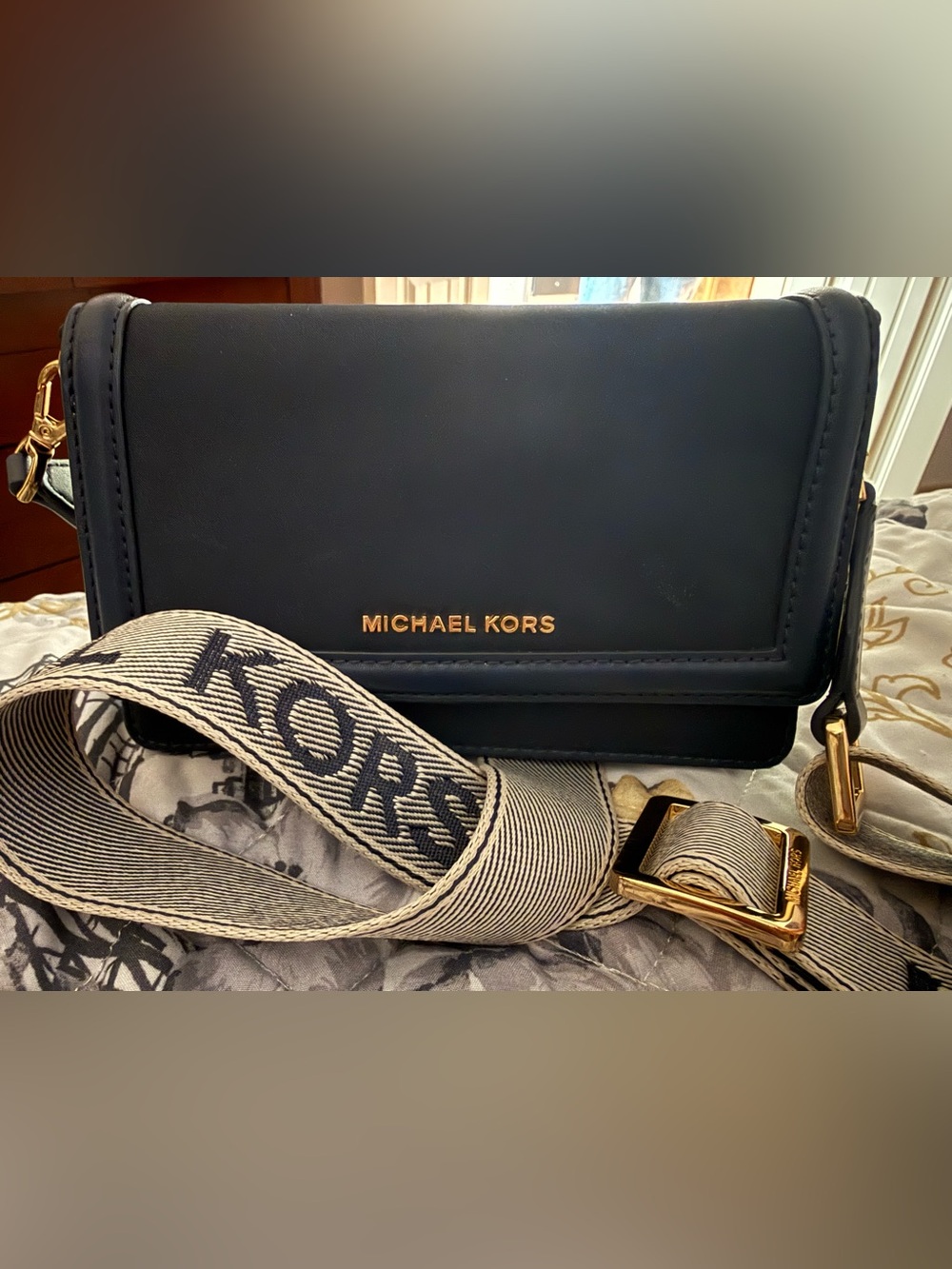 Michael Kors Navy Leather Crossbody with Gold-Tone Hardware